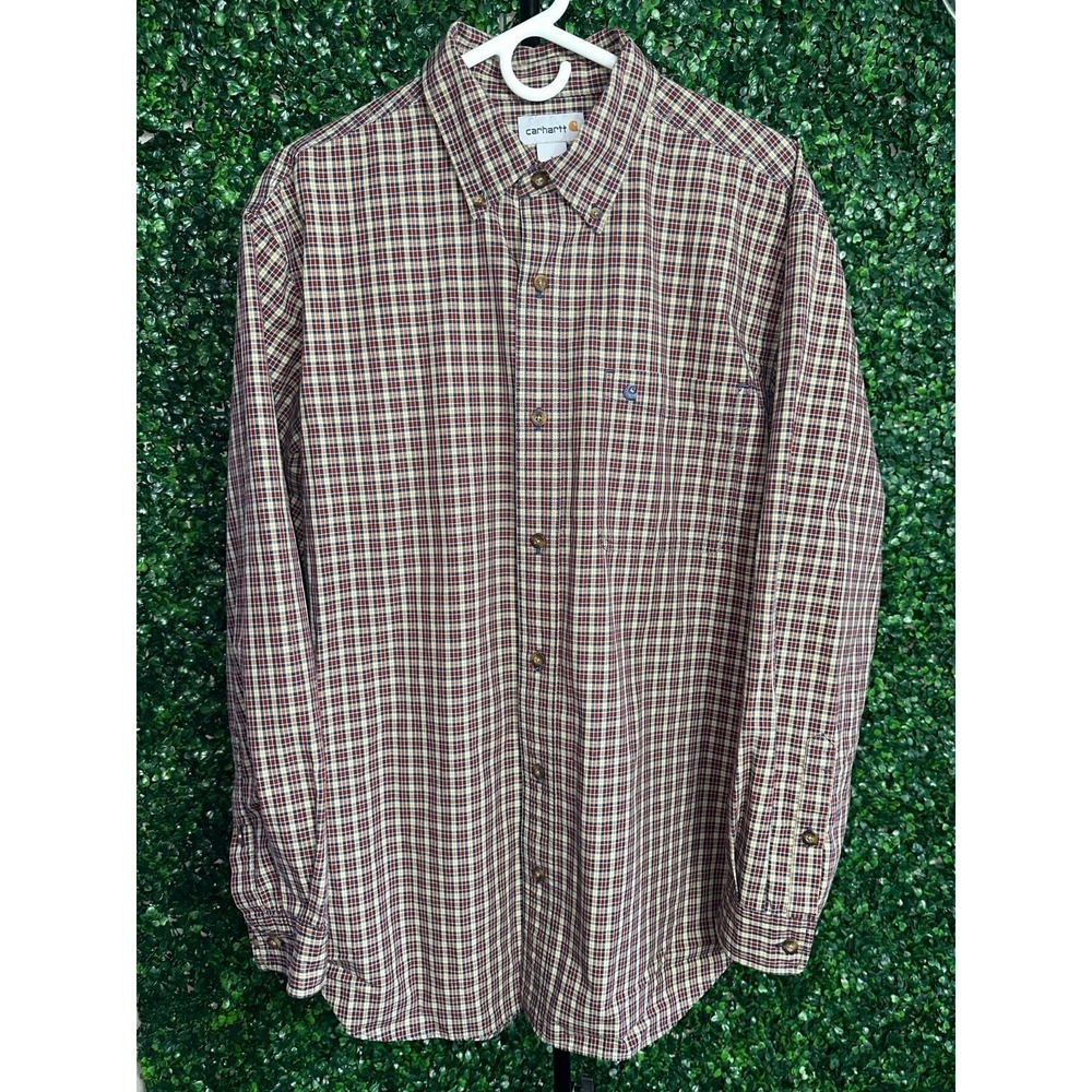 Carhartt Mens Long Sleeve Plaid Button Down Shirt Burgun0dy Tan Blue Large